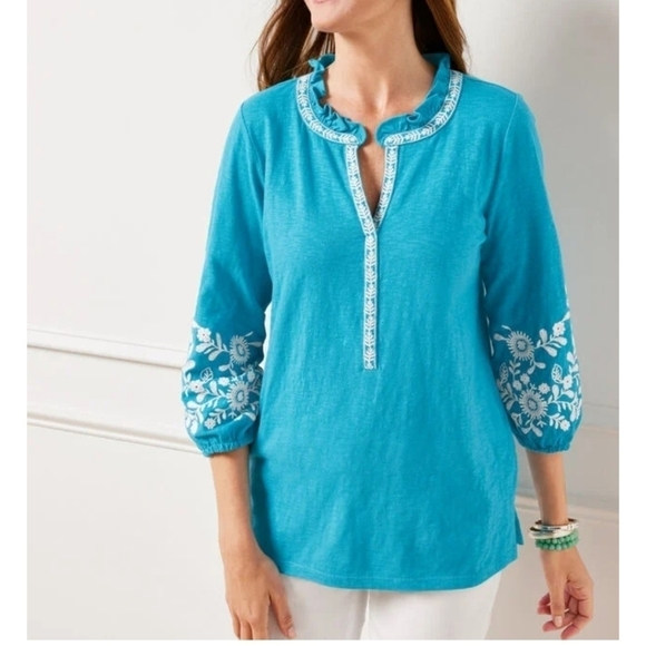 Talbots Embroidered Sleeve Open V Neck Tunic Size XLP - Picture 1 of 9